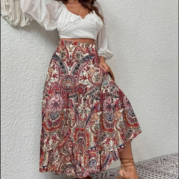 Boho Gypsy Plus Size Floral Paisleys Print Skirt - Picture 6 of 8